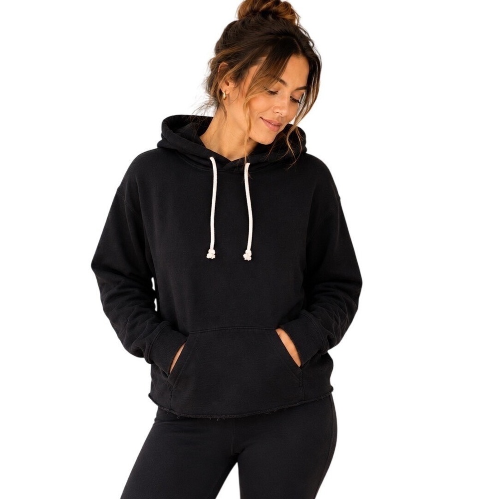 PACT Organic Cotton Raw Hem Hoodie Black Fleece Pullover Sweatshirt XS Cozy